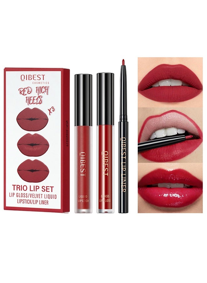 Trio Lip Set Lip Gloss/Velvet Liquid Lipstick/Lip Liner ,Liquid Lipstick Moisturizing Lip Gloss Creamy Lip Liner  Lip Liner Red - 06
