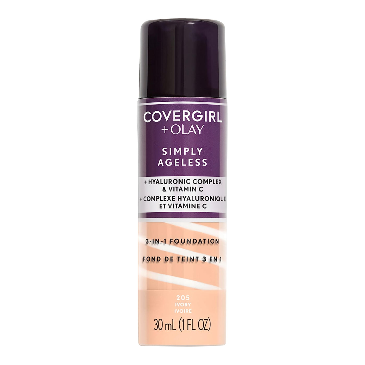 COVERGIRL & Olay Simply Ageless 3-in-1 Liquid Foundation, Matte Finish, Hyaluronic & Vitamin C Formula, 205 Ivory, 1 Count