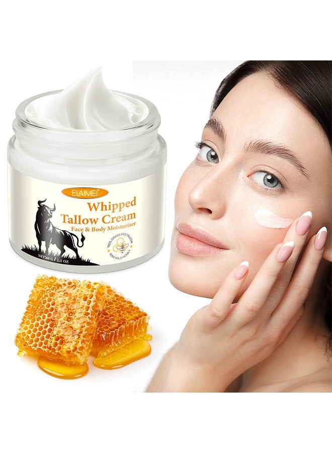 Whipped Tallow Cream Face &Body Moisturizer - Organic Grass-Fed Beef Tallow for Skin - Whipped Tallow & Honey Cream, Deeply Moisturizing Handmade Face Moisturizer - All-Natural Lotion 60g