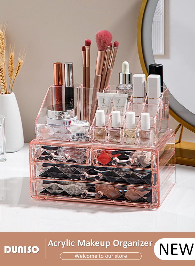 Makeup Organizer Acrylic Cosmetic Storage Drawers and Jewelry Display Box For Lipstick Liner Brush Holder, Countertop Storage Box Brush Holder Clear Jewelry Organizer for Countertop, Dresser, Bedroom, Bathroom