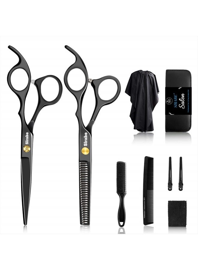 10 PCS Hair Cutting Scissors Set, Professional Haircut Scissors Kit with Cutting Scissors,Thinning Scissors, Comb,Cape, Clips, Black Hairdressing Shears Set for Barber, Salon, Home