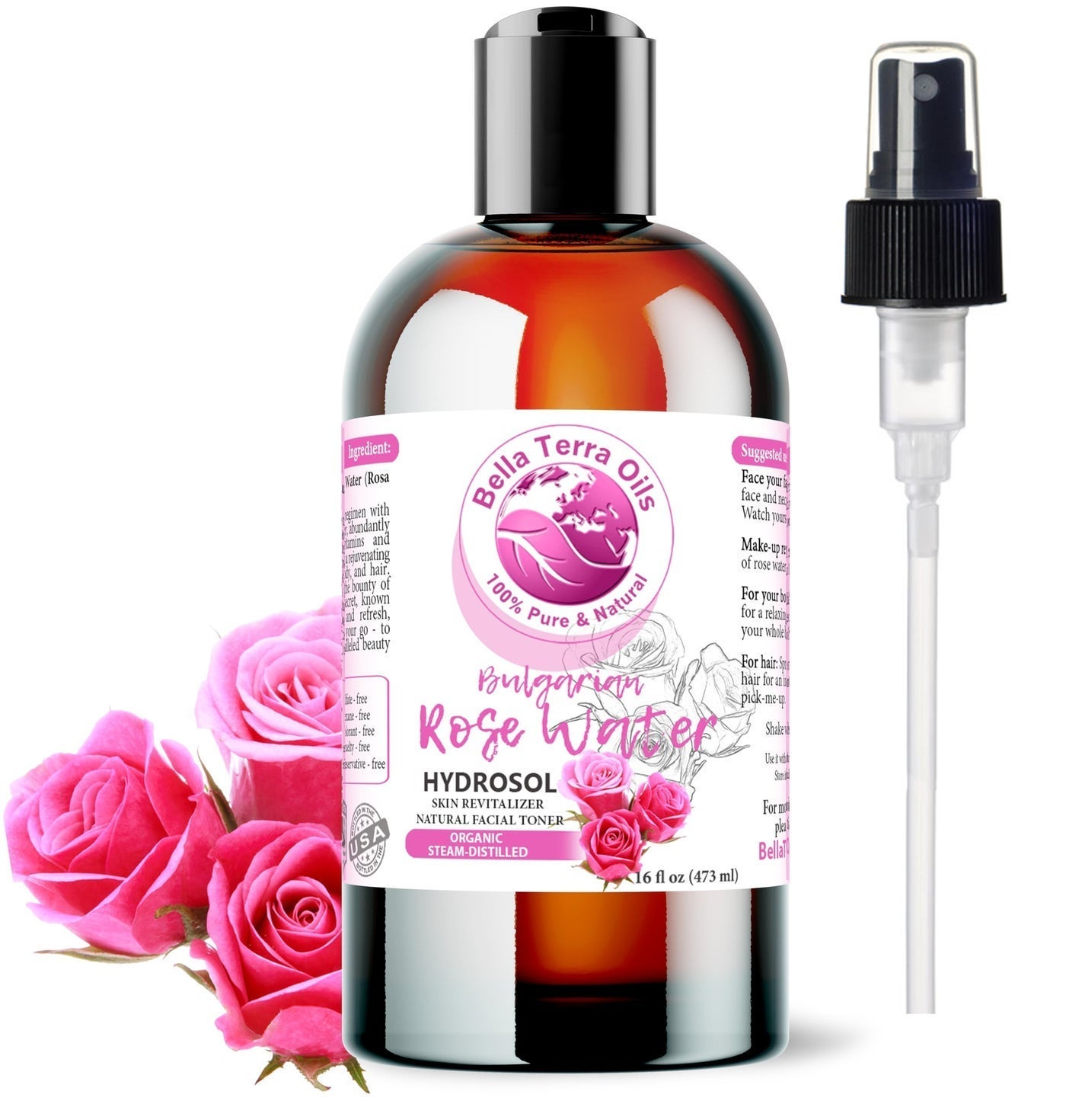 Bella Terra Oils - organic Rose Water Mist 16oz - Infused with Authentic Rose Essence, Elevate Your Daily Beauty Ritual, Essential for Skin Hydration