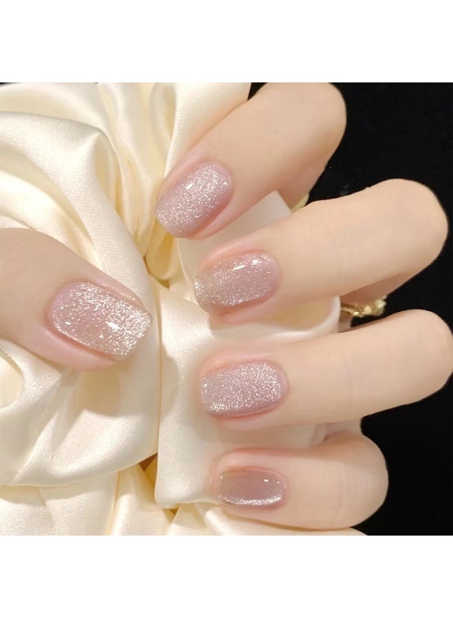 Champagne Glitter Press-on Nails 24pcs Reusable Fake Nails Short Square Shape Natural Fit UV Gloss Scratch-resistant Eco Resin Material 3-Min Quick Application Long-lasting Salon Style for Bridal Party Office and Daily Fashion
