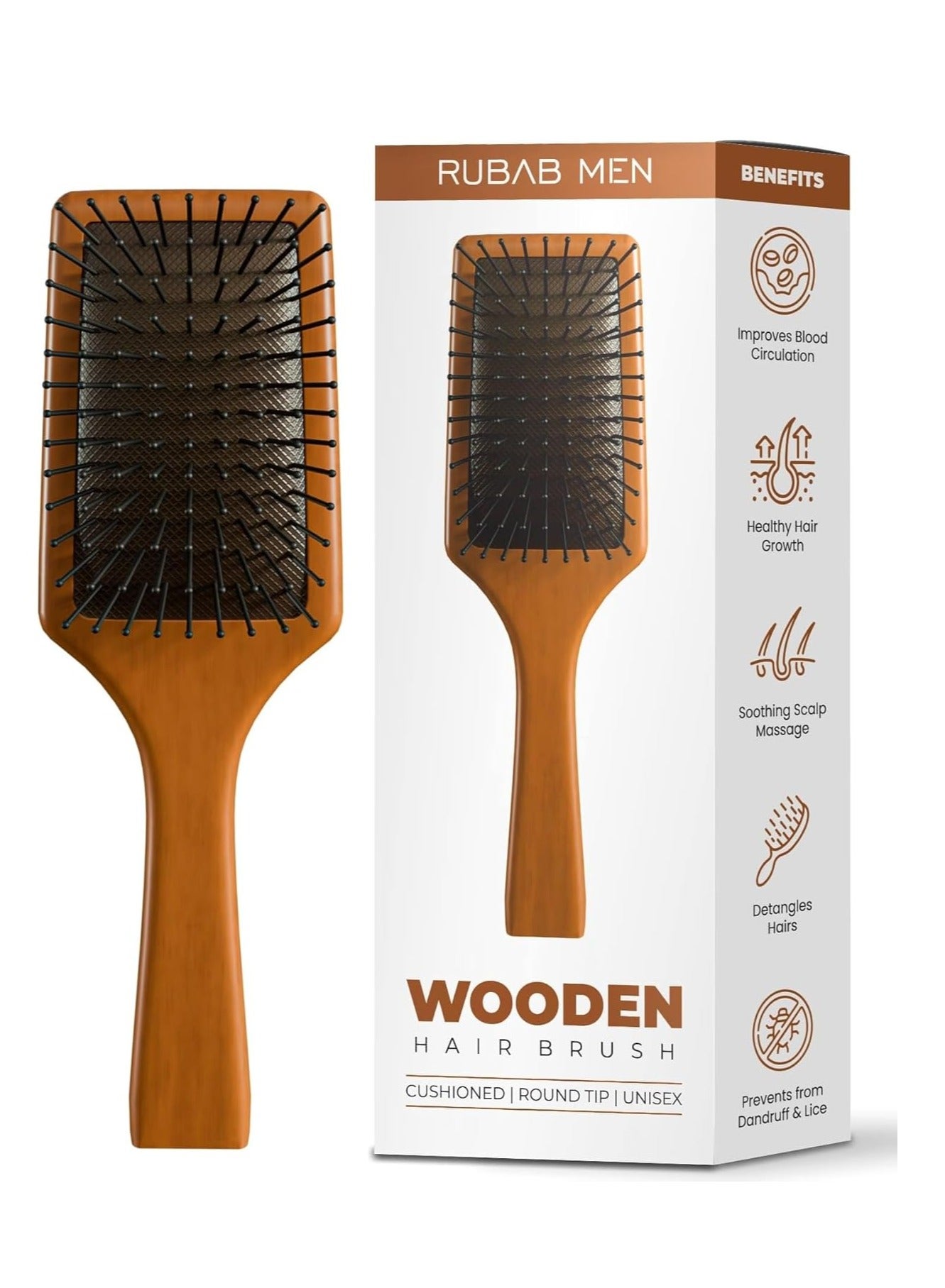 RUBAB MEN Premium Collection Wooden Paddle Hair Brush for Men & Women | Flexible Anti-Static Pins with Cushion Base & Sturdy Handle | Adds Shine & Volume to Hairs