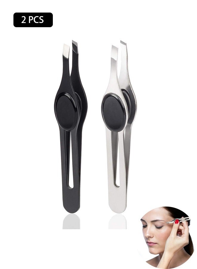 2 PCS Professional Non-Slip Grip Tip Eyebrow Tweezers, Stainless Steel Precision Pointed Blackhead Splinter Removal Tool, for Eyebrow Shaping and Tweezing Facial and Body Hair (Black, Silver)