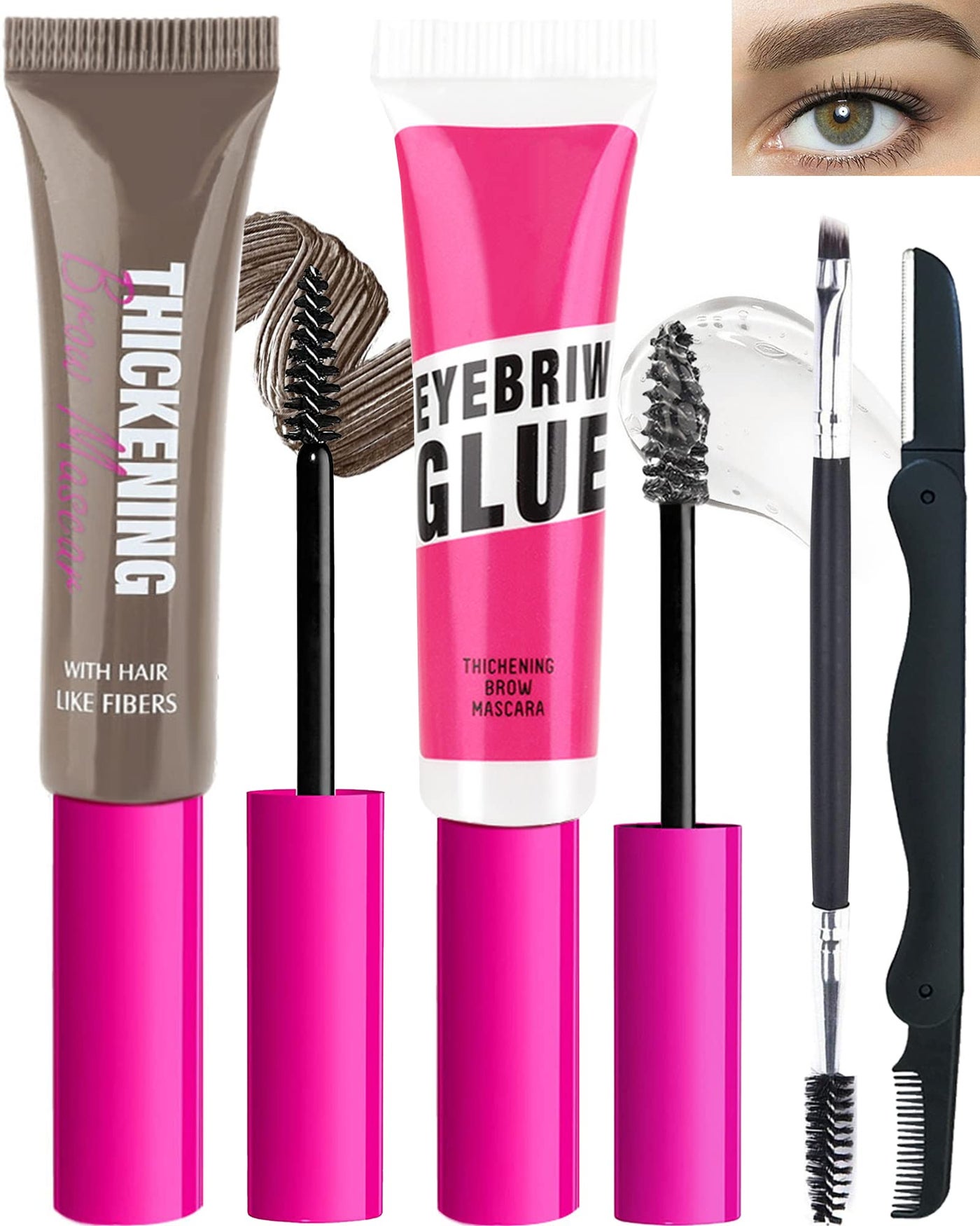 Waterproof Tinted Brow Gel Kit-Brown Thickening Eyebrow Mascara Gel & Clear Setting Brow Glue,Brow Lift Fast Sculpt,Long Lasting Eye Makeup for Women,Light Medium Dark Brown With Brow Tool-Set 05# Ash Brown