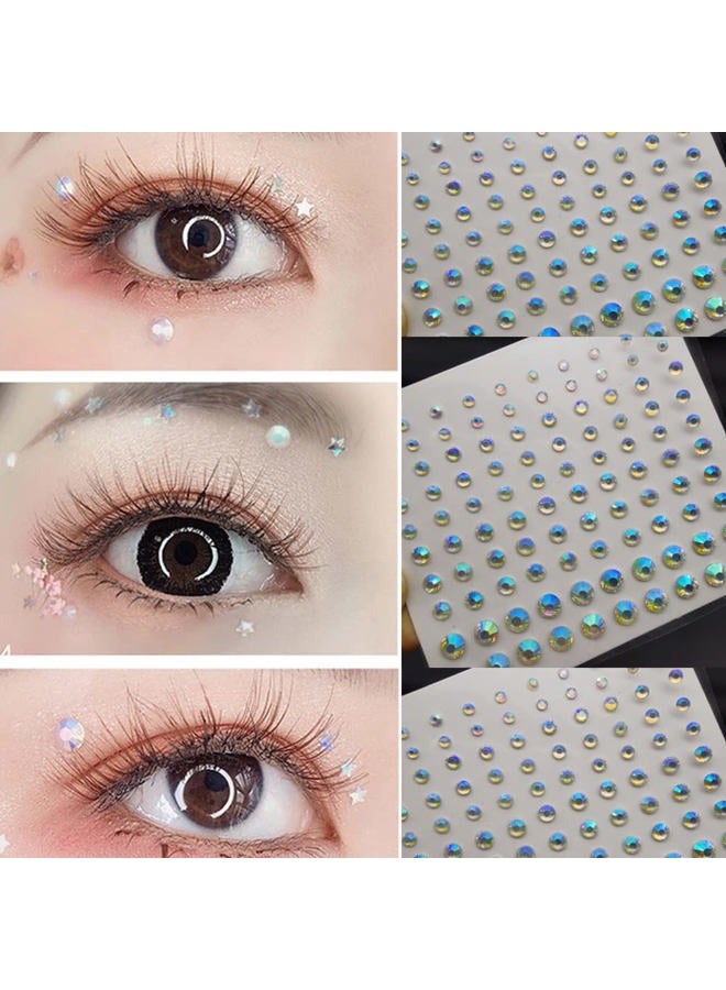 Eye Body Face Gems Jewels Rhinestone Stickers Acrylic Self Adhesive Crystal White AB Makeup Diamonds Face Tattoo Stick Gems for Women Festival Accessory DIY Crafts and Nail Art Decorations 3 Sheets