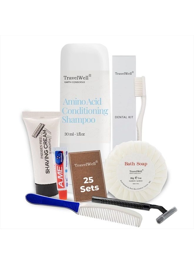 TRAVELWELL Hotel Toiletries Amenities Bulk Individually Wrapped 30ml Shampoo & Conditioner 2 in 1, Round Tissue Pleated 28g Cleaning Travel Soap In Bulk, Comb,Toothbrush Toothpaste, Body Lotion 25 Set