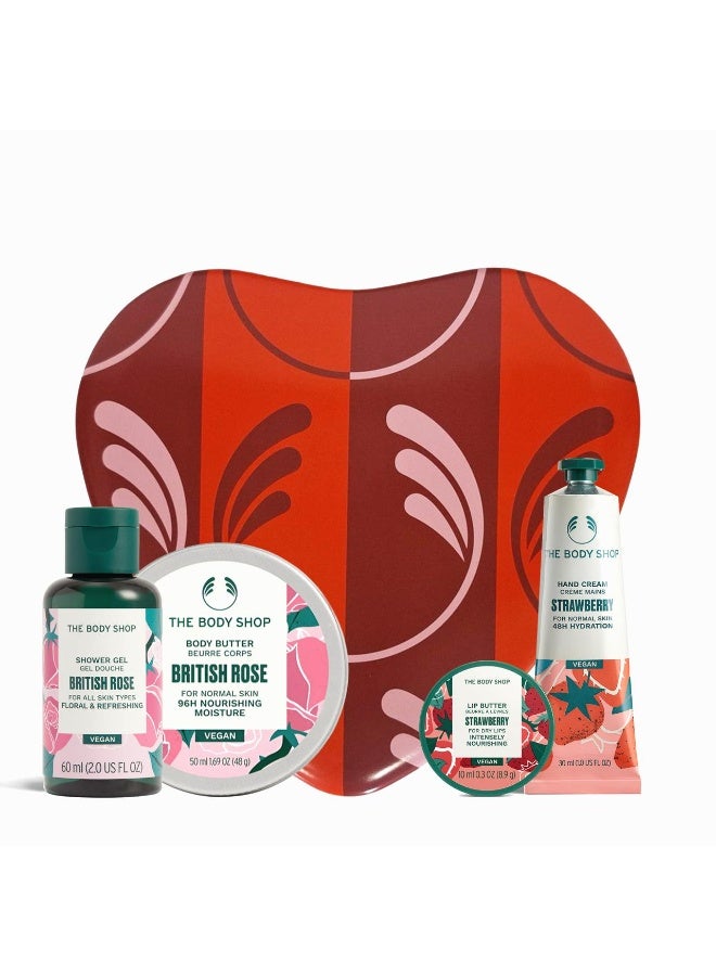 The Body Shop Valentines Gift Set – Romantic Pampering for All Skin Types, Rose & Strawberry, Luxury Kit for Sensory Stress Relief 4-Piece