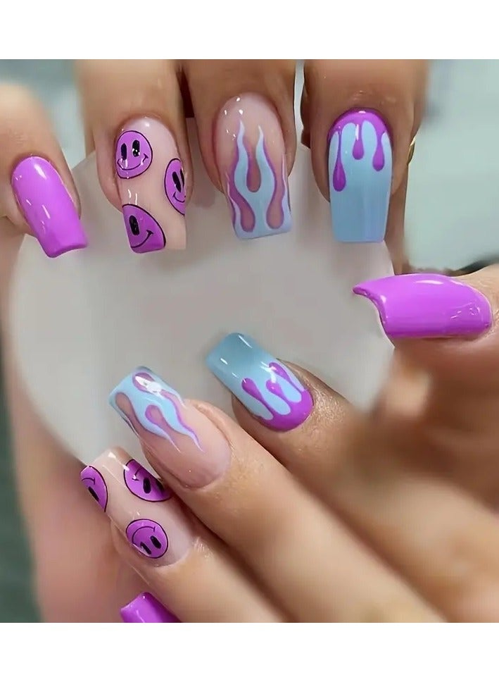 Coffin French Cute Ballerina Acrylic False Nails with Blue Flame Design - Glossy Purple Smile Face Nails for Women and Girls