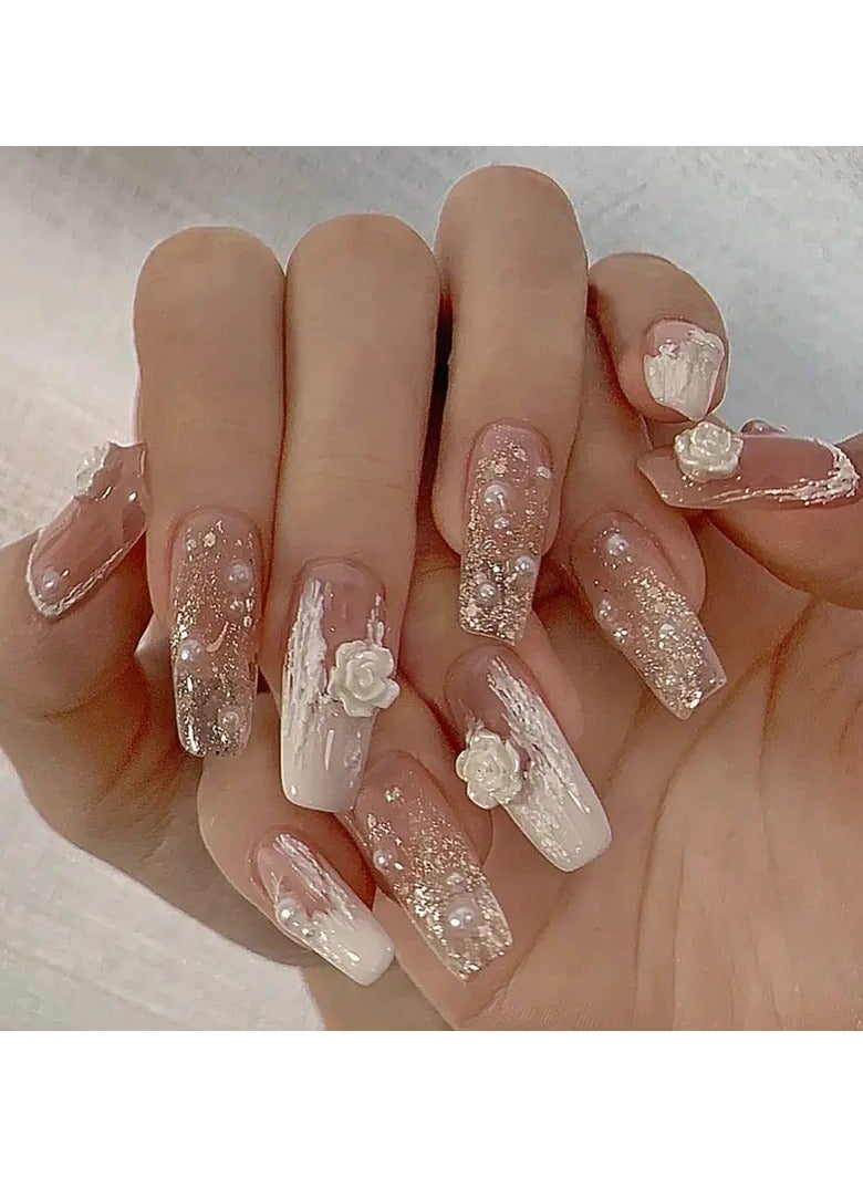 24 Pcs Fake Nail Nail Art Patch, Gradient Shiny Nail Fake Nail Manicure Patch Gradient Faux Camellia Diamond Decals Glitter Manicure