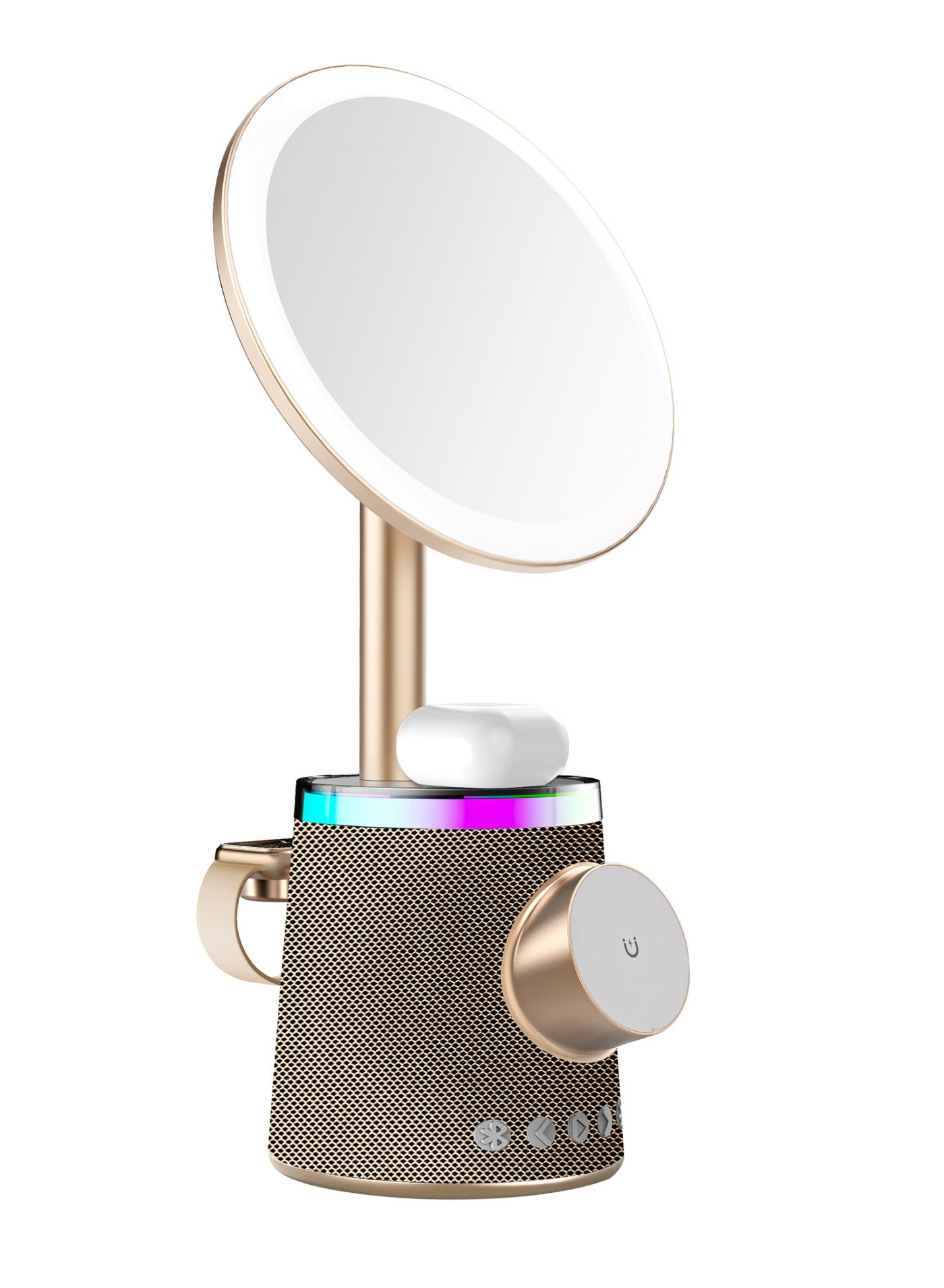 Makeup Mirror Wireless Charger & Speaker with RGB Light / 3 Brightness Levels / Button Control / Multi Device Use / Ergonomix Design / 10 Levels RGB light / 3 Color Tones -Gold