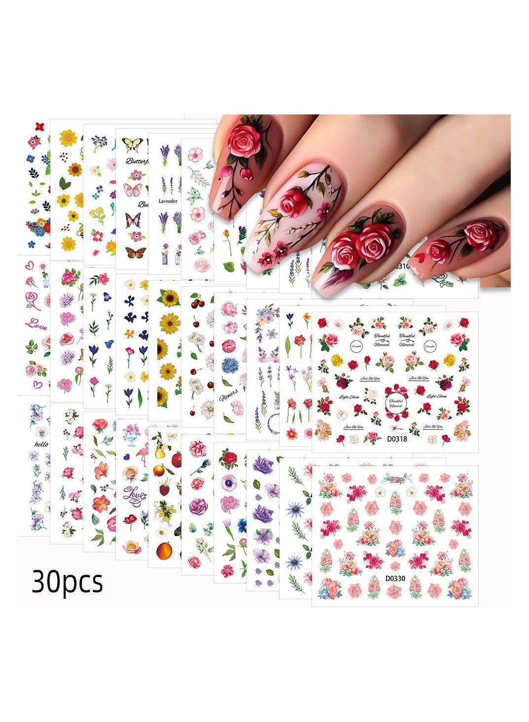 Violet Sunflower Nail Stickers Set 30 different styles with adhesive backing, small patterns, colorful flower nail stickers