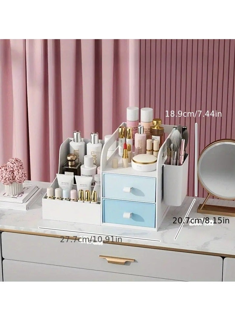 Makeup Organizer For Vanity, Countertop Organizer With Drawers, Cosmetics Storage For Skin Care,Brushes,Eyeshadow,Lotions,Liptick,Nail Polish,Great For Dresser,Bathroom,Bedroom - BLUE