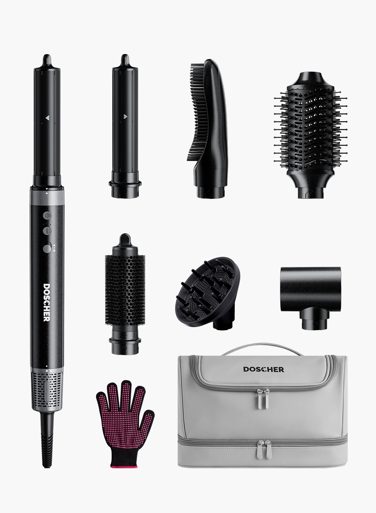 1400W Professional 7-in-1 Hair Dryer & Styler with Hot Air Brush, Curling Wand, Diffuser Nozzles & Straightener Comb for Salon-Quality Styling at Homer