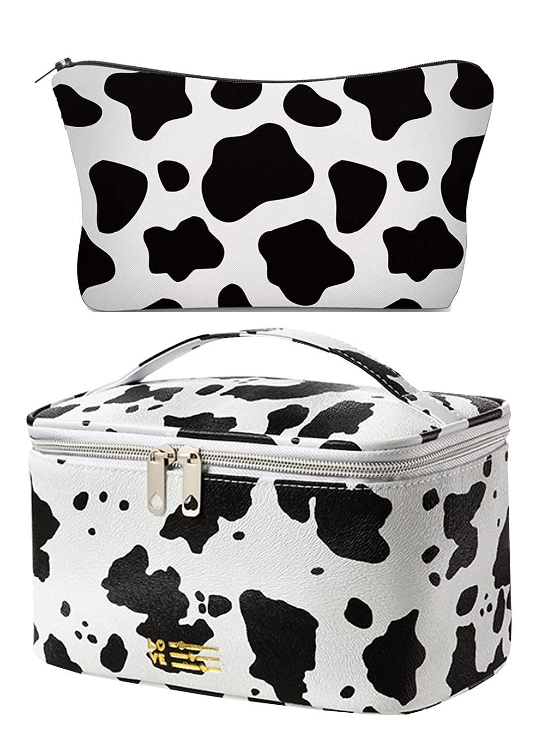 Makeup Bag Set Cosmetic Bag Organizer Small Travel Make Up Pouch Organizer Toiletry Bags for Purse Women Girls 2PACK (Cute Cow Print)