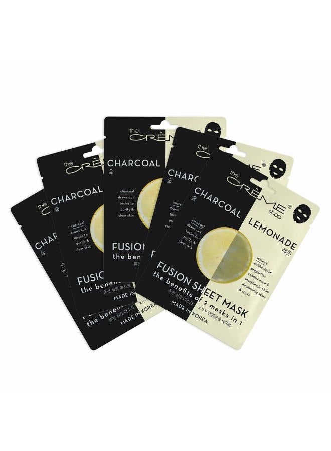 Fusion Face Masks, Korean Facial Skin Care and Moisturizer - Hyaluronic Acid Charcoal and Lemon for Hydrating, Blackhead Remover, Natural Beauty Essence (5 Pack)