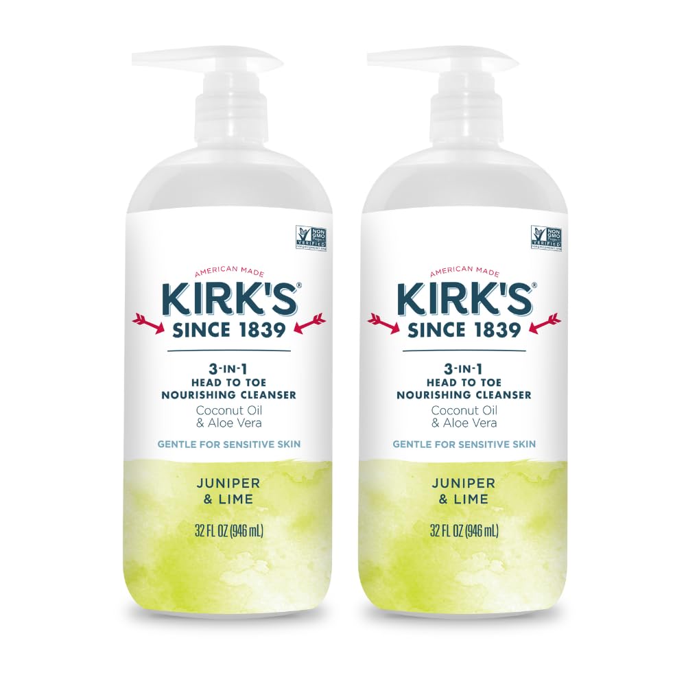 Kirk's 3-in-1 Head to Toe Nourishing Liquid Cleanser- for Men, Women & Children - Premium Coconut Oil & Aloe Vera- Non GMO & Vegan -Juniper & Lime - 32 Fl Oz 2 Pack
