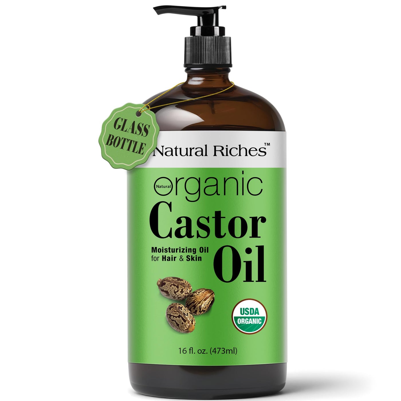 Natural Riches Organic Castor Oil Glass Bottle - USDA Certified, 100% Pure, Unrefined & Cold Pressed √¢‚Ç¨‚Äú Soothes Dry Skin, Scalp - For Hair Growth & Thicker Eyelashes, Eyebrows √¢‚Ç¨‚Äú 16 fl oz