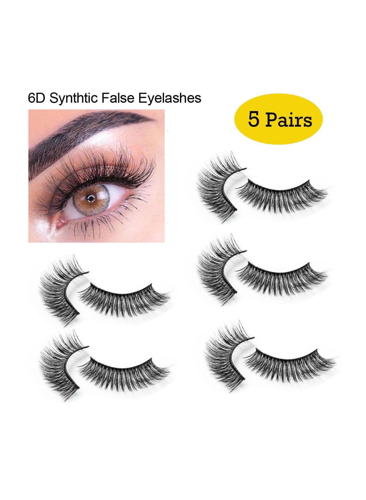 False Eyelashes 5 Pairs 6D Natural Fluffy Fake Lashes, Reusable   Waterproof Glue Free Hand-made Dramatic Thick Crossed Cluster Fake Eye Lashes Soft Long Lashes Pack for Makeup