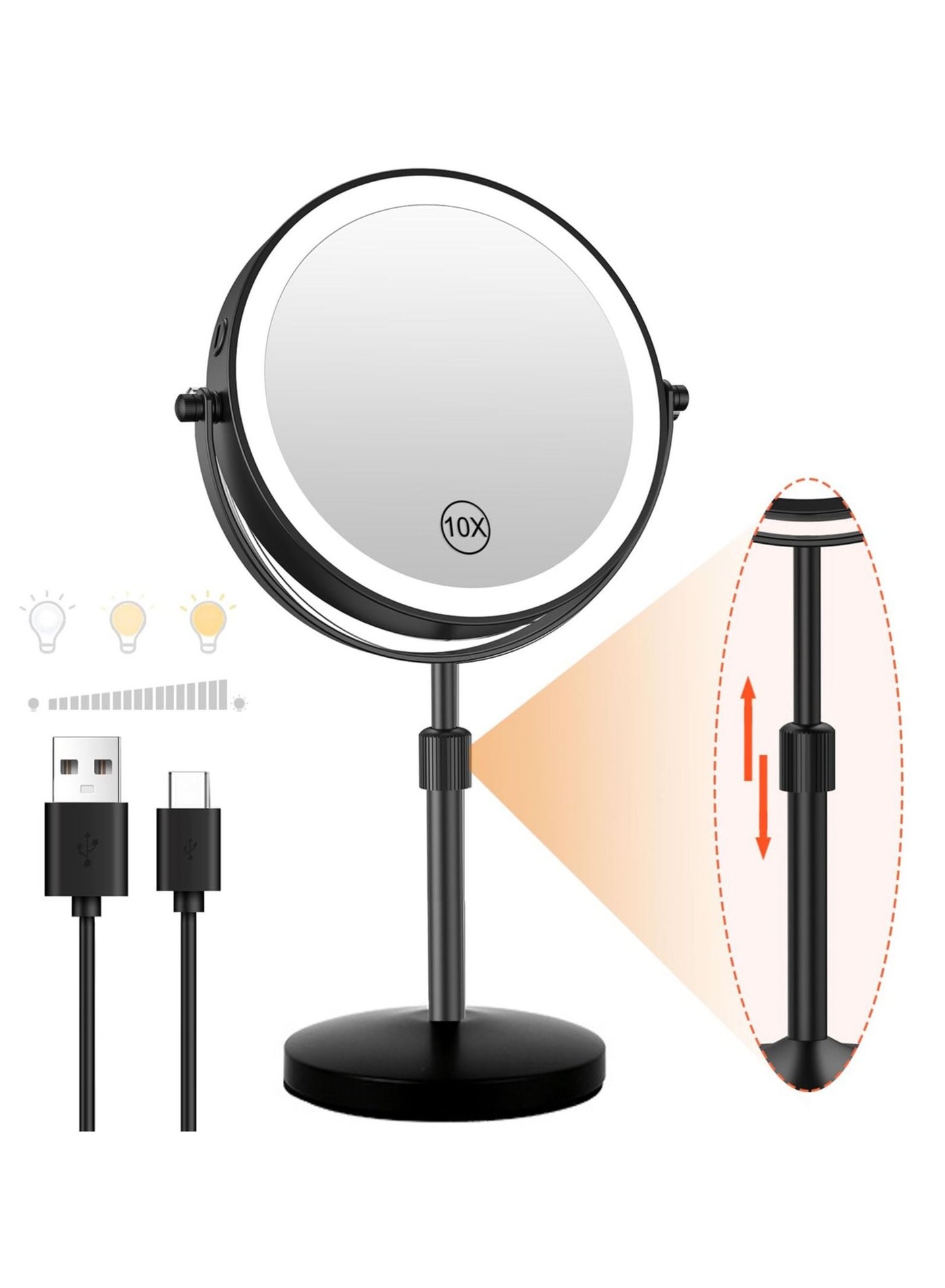 Makeup Mirror with 3 Colors Dimmable Light, 1X/10X Magnification LED Makeup Mirror, Height Adjustable, 8 Inch Double Sided Rechargeable Makeup Mirror, 360° Rotation Cordless