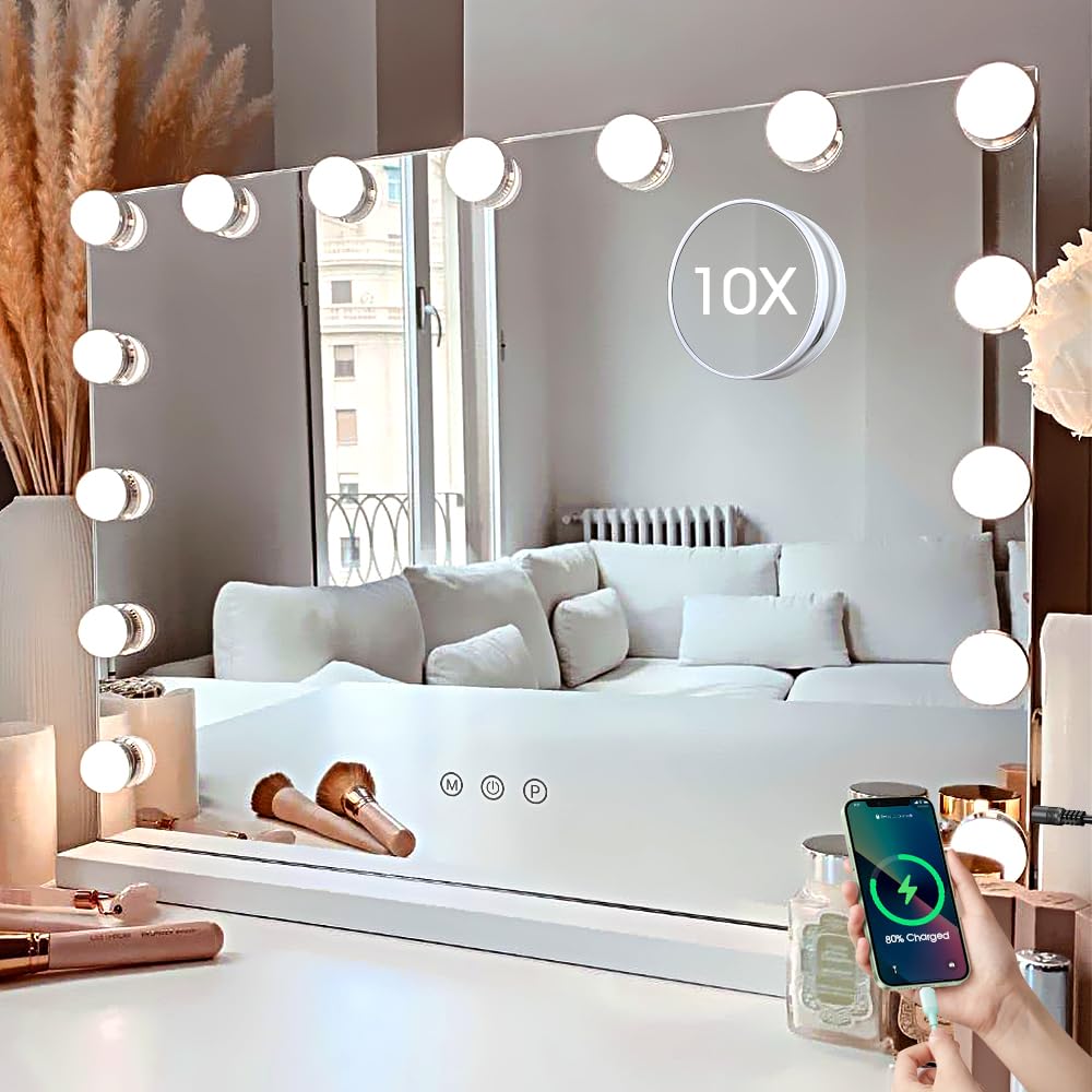 Kottova Vanity Mirror with Lights, 23"x18.1" Lighted Makeup Mirror with 15 Dimmable LED Bulbs, Hollywood Mirror with 3 Color Lightings, USB Charging Port Touch Control, Metal Frame,Plug in (White)
