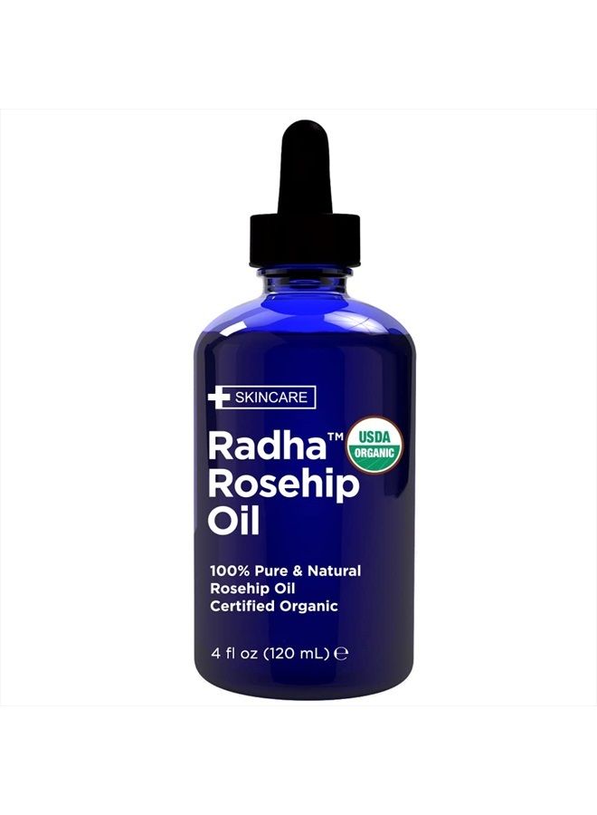 USDA Certified Organic Rosehip Seed Oil, 100% Pure Cold Pressed - Great Carrier Oil for Moisturizing Face, Hair, Skin, & Nails - 4 fl oz