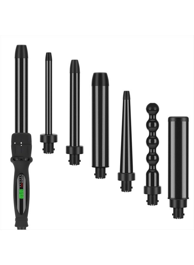7 in 1 Curling Iron Wand Set,Dual Voltage Curling Wand with 7 Interchangeable Diamond Ceramic Hair Curler Wands with LCD Temperature Control Auto Shut Off Black