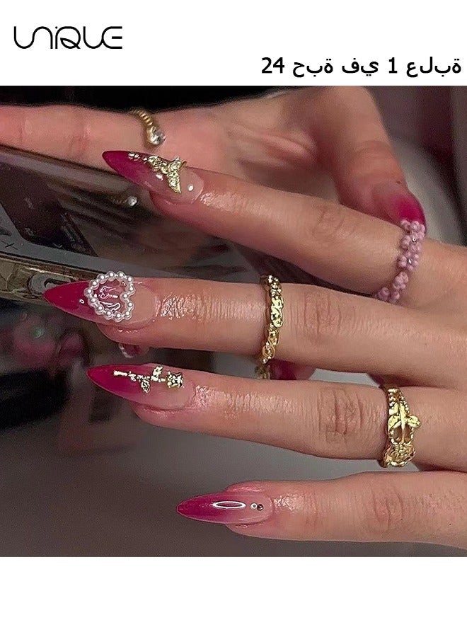 24Pcs Fake Nails, Press Nails, Mid-Almond Manicure -Gradient Red Pearl Heart Manicure - Three-dimensional Golden Rose Manicure - Fake Nail Patch