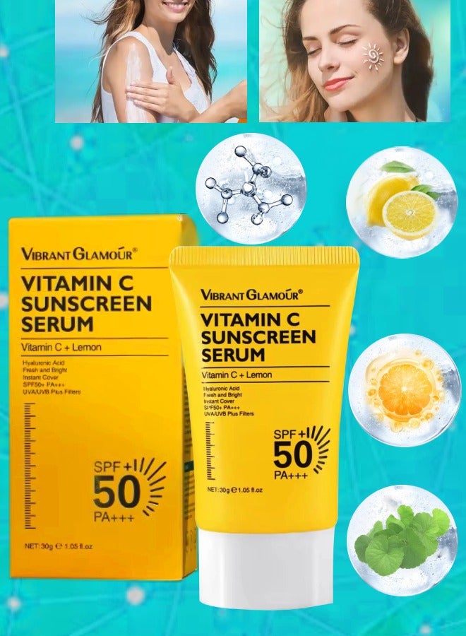 Vitamin C Sunscreen Cream SPF 50+ PA+++ Sunscreen Serum with Vitamin C and Lemon Hyaluronic Sunscreen Gel UVA UVB Protection Fresh and Bright Instant Cover Sunscreen Cream 30g