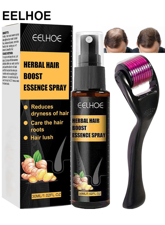 Herbal Hair Boost Essence Spray, Natural Herbal Hair Regrowth Treatment Anti Hair Loss Serum Hair Growth Essence Spray Micro Needling Roller Set, Make Hair Stronger Thicker Longer, 30ML