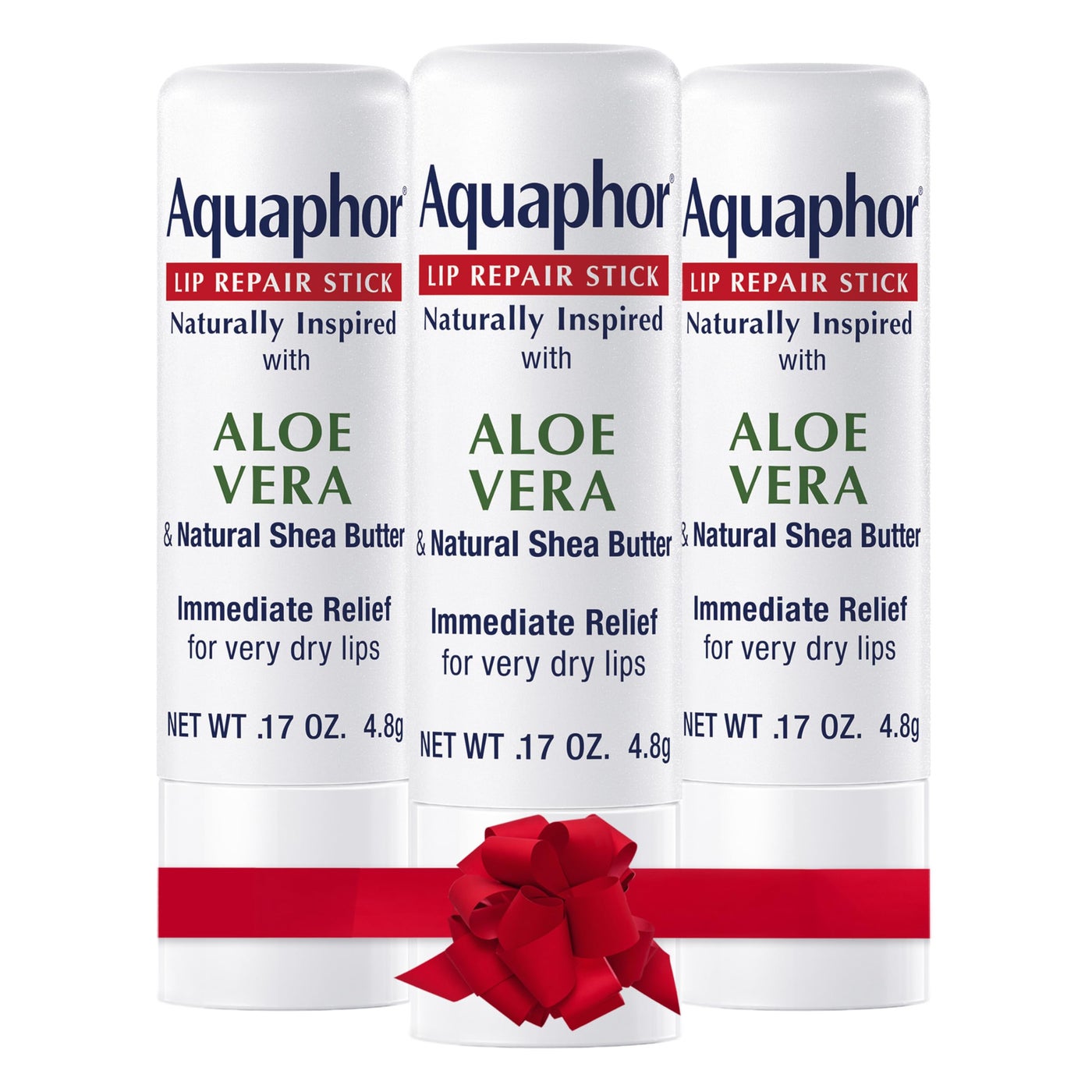 Aquaphor Naturally Inspired Lip Repair Stick with Aloe Vera and Natural Shea Butter, Hydrating Lip Balm Immediately Relieves Dryness and Soothes Chapped Lips, 0.17 Oz Stick, Pack of 3