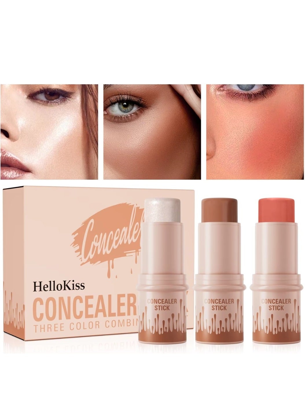 Concealer Stick Three Color Combination Set Highlight Contour and Blush Makeup Stick Set Cream Contour Concealer Stick Set Contour Highlighter Blusher Makeup Stick Soft Texture Skin Highlight Easy Makeup Stick SET C