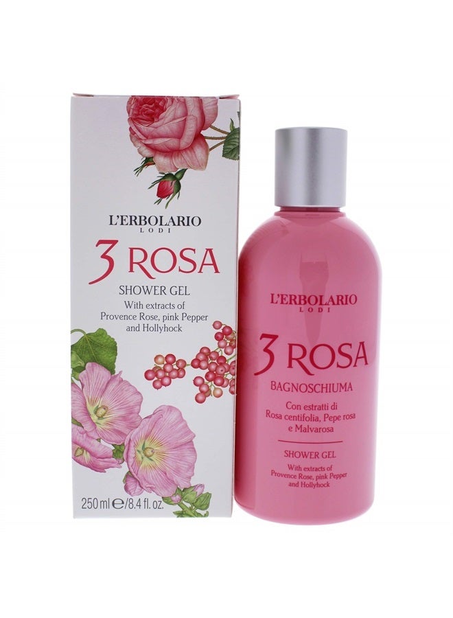 3 Rosa Shower Gel - Bath Foam With Seductive And Elegant Power - Preserves The Natural Moisture Of Skin Tissue - Perfectly In Tune With Feminine Allure - Ideal For Sensitive Skin - 8.4 Oz