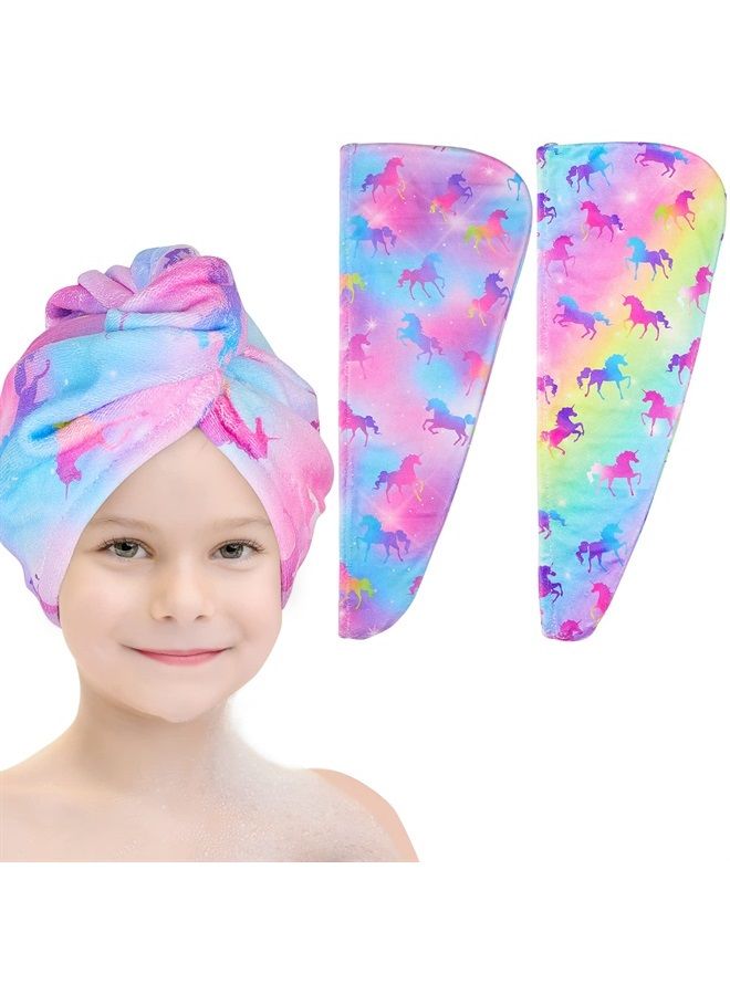Microfiber Hair Towel Wrap for Kids 2 Pack Rapid Drying Hair Towel with Button Hair Turbans for Wet Hair Wraps Head Towel Wrap for Women and Girls, Rainbow Unicorn