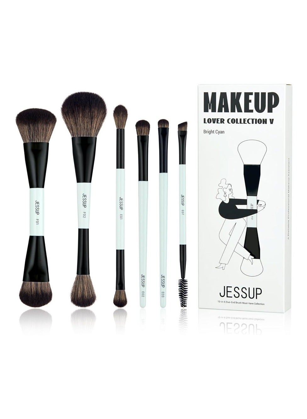 Jessup Makeup Brush Set 6pcs Double Sided Makeup Brushes Foundation Contour Blush Highlight Blending Eyebrow Brush Eyeshadow Brush, Vegan Fiber Make up Brush Bright Cyan T501