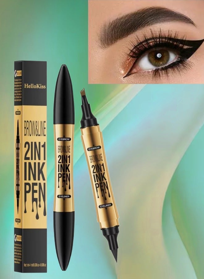 Brow and Line 2in1 Ink Pen for Eyebrow and Eyeliner Pen Waterproof Eyeliner Pencil 3D Microblading Eyebrow Tattoo Pencil 4 Fork Tip with Eyeliner Dark Brown Eyebrow and Black Eyeliner Pencil 02