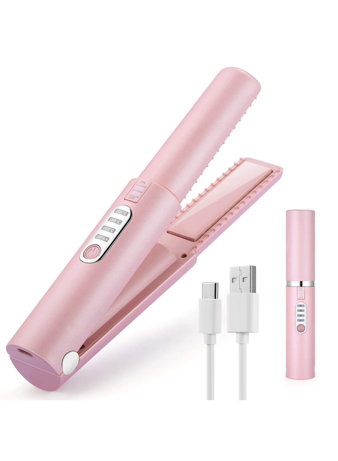 Cordless Mini Hair Straightener, Wireless Portable Flat Iron for Hair, 2 In 1 Portable Flat Iron & Curling Iron, USB-C Rechargeable Flat Iron with 4800mA Battery, Adjustable Temperature, Pink