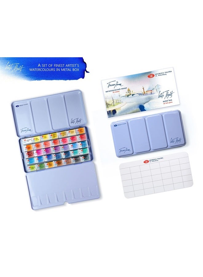 Artist Watercolor Set of full 2,5ml pans, 35 Colors in a Metal case by Nevskaya Palitra, Saint Petersburg, Russia.