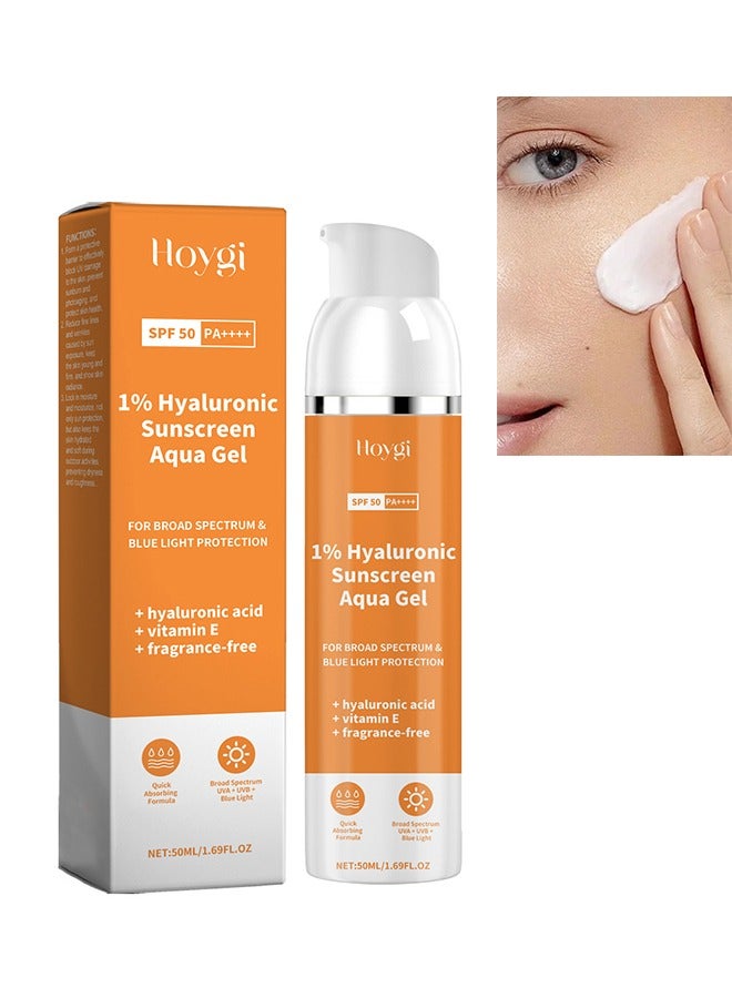1% Hyaluronic Sunscreen Aqua Gel, SPF 50+ PA+++ Sunscreen Cream, for Broad Spectrum & Blue Light Protection, Hydrating Sunscreen for Face, Highly Effective Sunprotection Gel Cream, 50ml