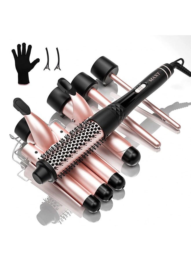 Curling Iron Set 5 in 1,MAXT Curling Wand Set Interchangeable Triple Barrel Curling Iron and Curling Brush Ceramic Barrel Wand Curling Iron(0.35”-1.25”)