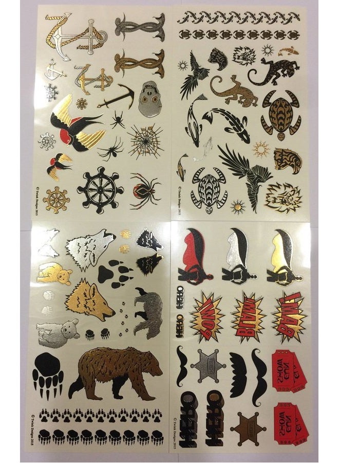 Temporary Tattoos for Boys and Girls | 77 Tattoos on 4 Sheets | Fun Metallic Tattoos for Kids | Black, Silver, Red & Gold Tattoo Bears Wolves Turtles Lizards Spiders Birds and More | Twink Designs