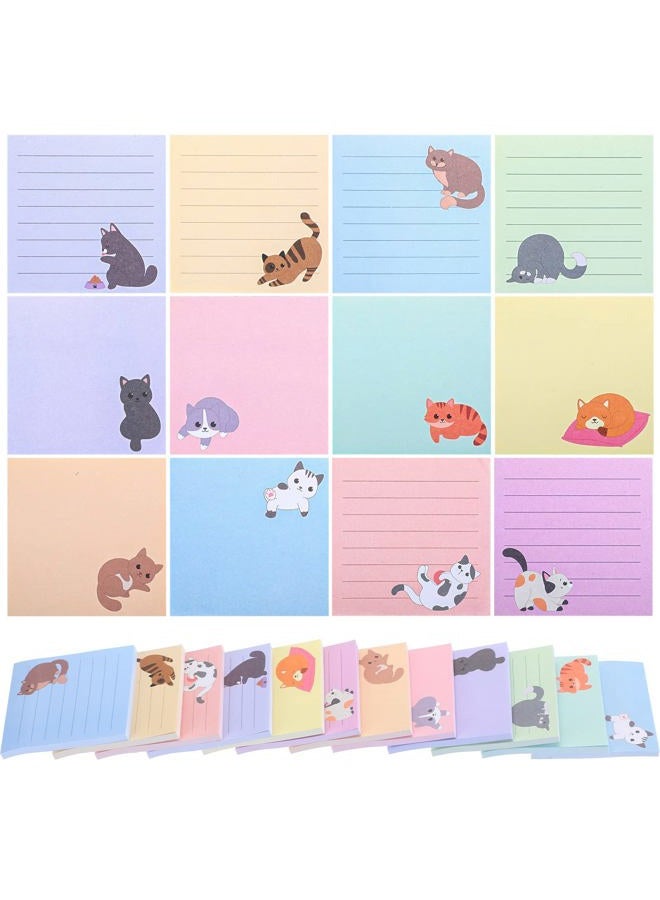 12 Pack Cat Sticky Notes Small to Do List Notepad Funny Cute Kitty Cat Theme Memo Pads for Office School, 600 Sheets in Total(Light Colors,Cute Cat)