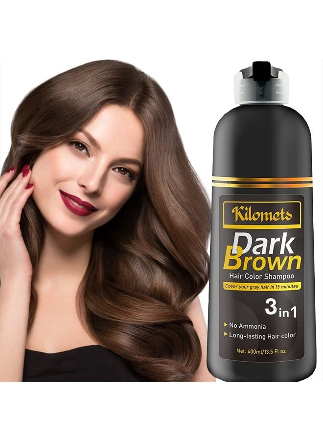 Kilomets Dark Brown Hair Dye Shampoo 400ml- 100% Grey Coverage in Minutes - Ammonia Free Hair Color Shampoo Gray Silver Hair- Instant Coloring At Home Gift for Her for Him