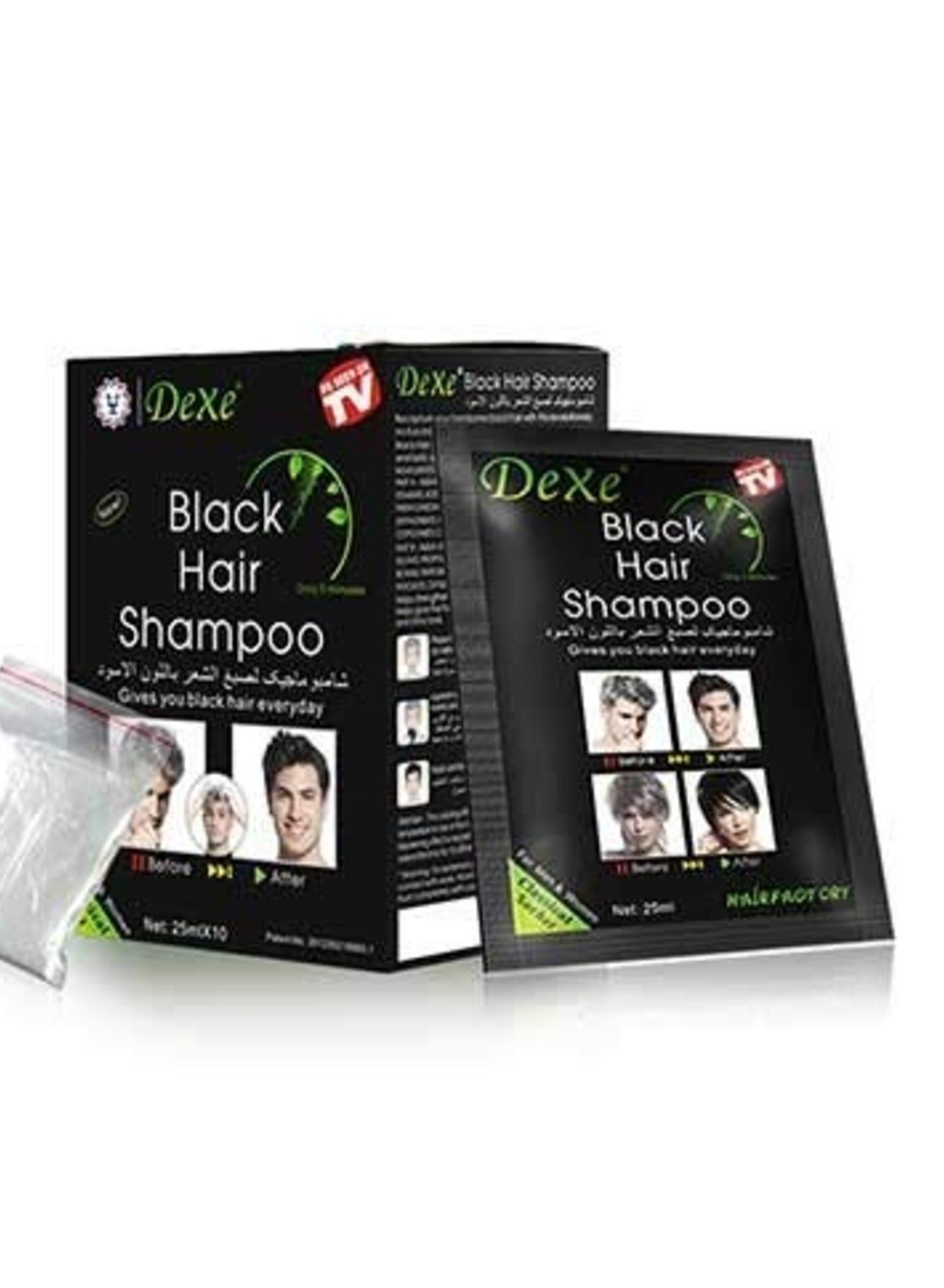 Dexe Black Hair Shampoo Dye - 10x26ml Sachets | 5-Minute Gray Coverage | 2-in-1 Colorant & Developer, No Mixing