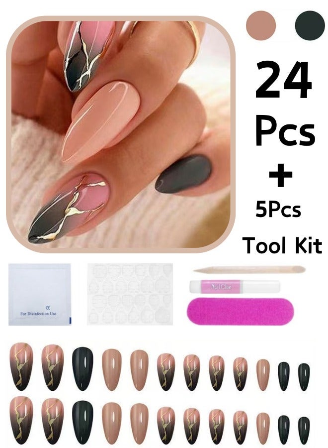 24Pcs False Nails+5 Pcs Tool Kit Impress Press-On False Nails Marble Texture