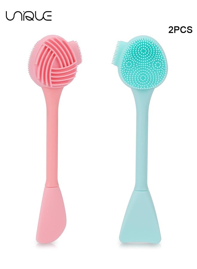 2-Piece Silicone Manual Cleansing Brush,4 in 1 Soft Facial Cleansing Brush Manual Handheld Face Scrub Brush for Massage Pore Cleansing Blackhead Removing Gentle Exfoliating (Green & Pink)