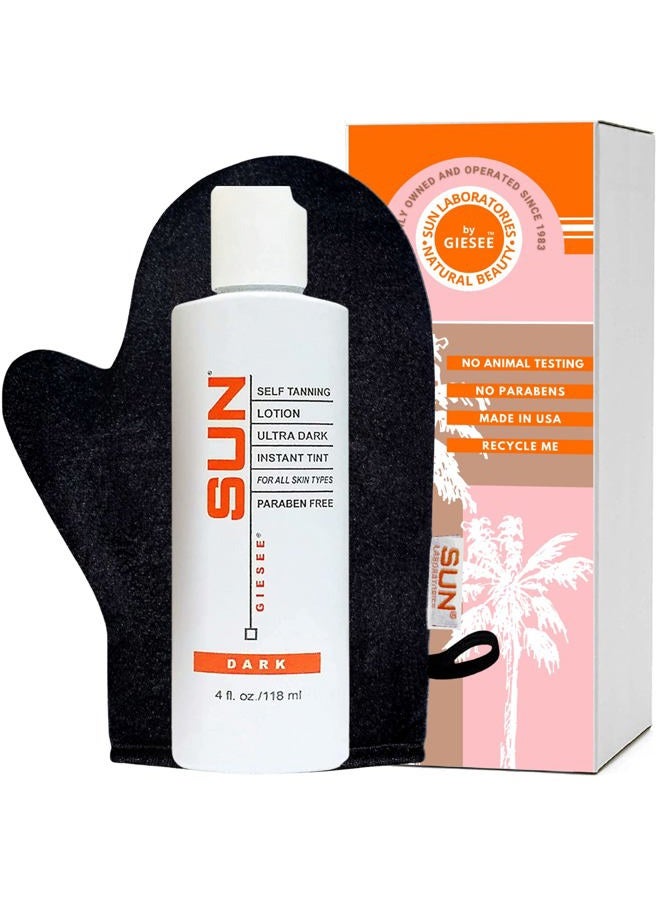 Sun Laboratories By Giesee Ultra Dark Self Tanning Lotion with Tanning Mitt - Long Lasting Self Tanner for Face and Body - Instant Sunless Tanning Lotion - Achieve a Natural-Looking Tan