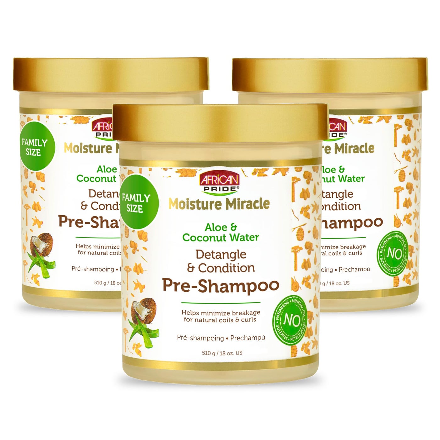 African Pride Moisture Miracle Pre-Shampoo Hair Detangler with Aloe & Coconut Water (3 Pack) | Minimizes Breakage, Hydrates & Strengthens | Pre-Poo Treatment for Natural Coils & Curls | 18 oz.