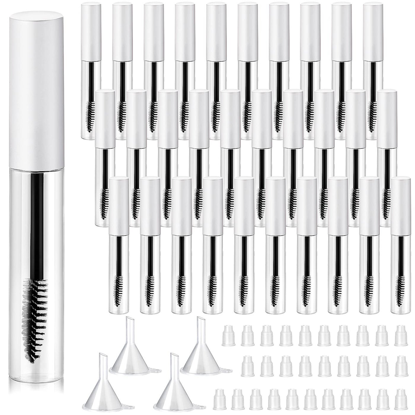 Maitys 30 Pack 10 ml Empty Mascara Tubes with Brush Wand Refillable Eyelash Cream Container Bottle with Funnels Leak Stoppers for Castor Oil/eyebrow Growth Serum/coconut Oil DIY Cosmetics(Matte White)